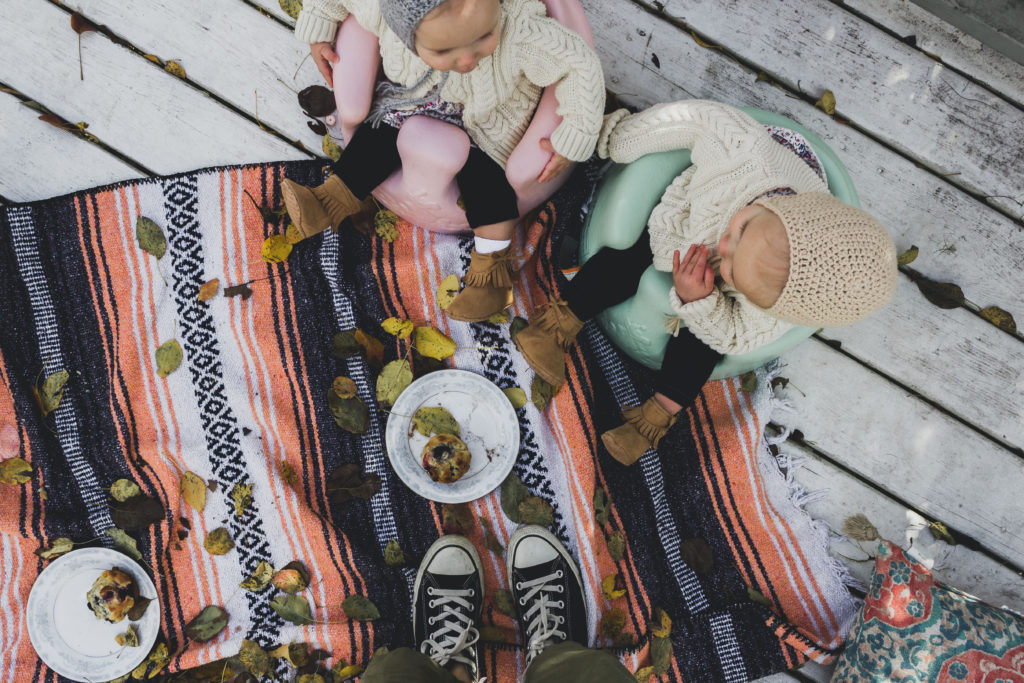 I created this blueberry muffin & apple cider picnic for my girls using things I found around the house. 