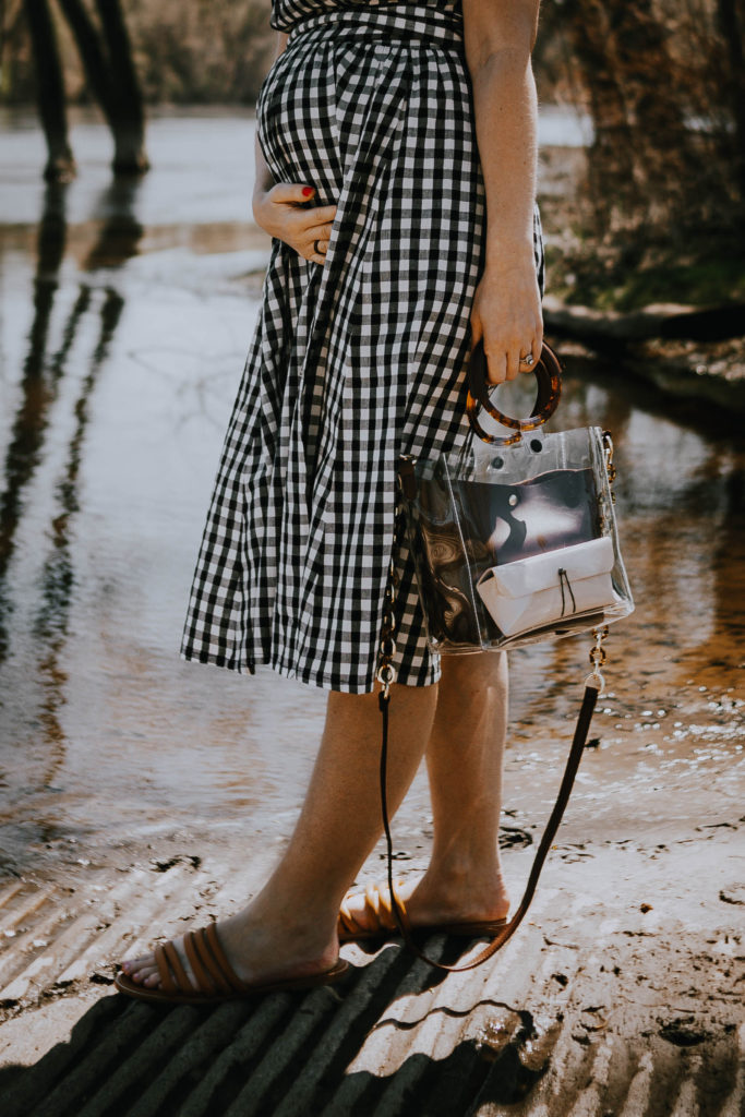 gingham wrap dress and what accessories to wear it with