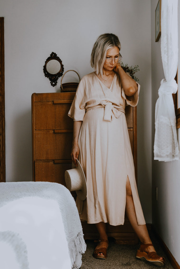 What I Wore: A Week of Dresses. Cream colored wrap dress, clogs & straw hat