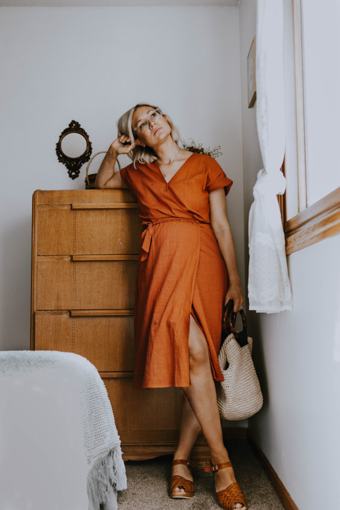 What I Wore: A rust colored wrap dress styled with clogs