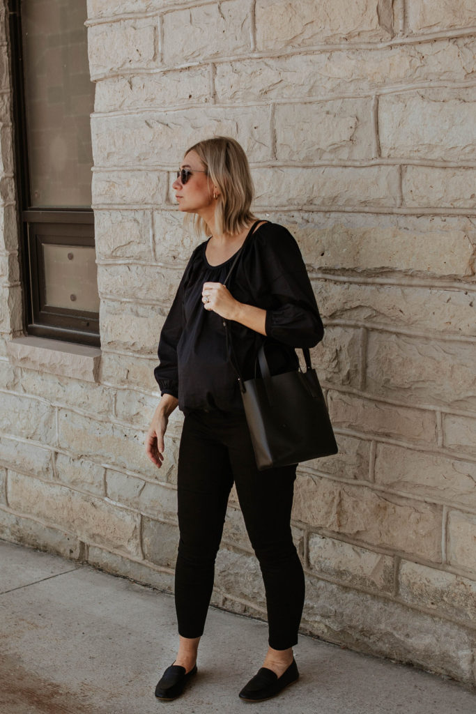 An all black outfit, outfits that transition to fall, maternity style, black loafers, everlane review, everlane day loafer, everlane day tote mini, everlane air ruched blouse, all black summer outfit, blonde bob