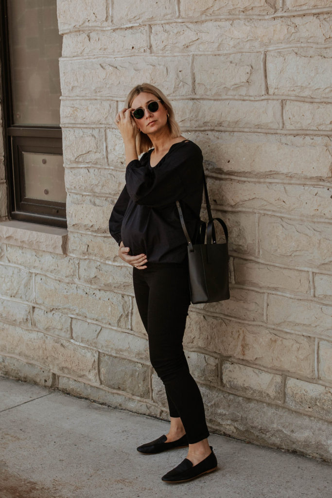 An all black outfit, outfits that transition to fall, maternity style, black loafers, everlane review, everlane day loafer, everlane day tote mini, everlane air ruched blouse, new in at everlane, all black summer outfit