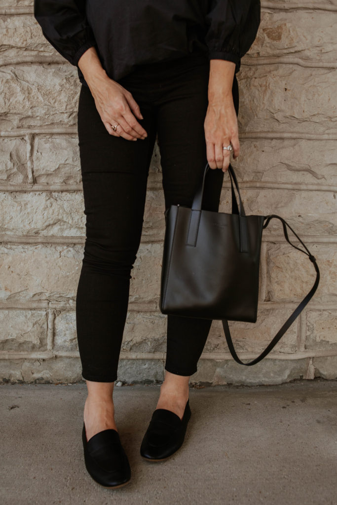 New in at Everlane, outfits that transition to fall, maternity style, black loafers, everlane review, everlane day loafer, everlane day tote mini, everlane air ruched blouse, all black summer outfit