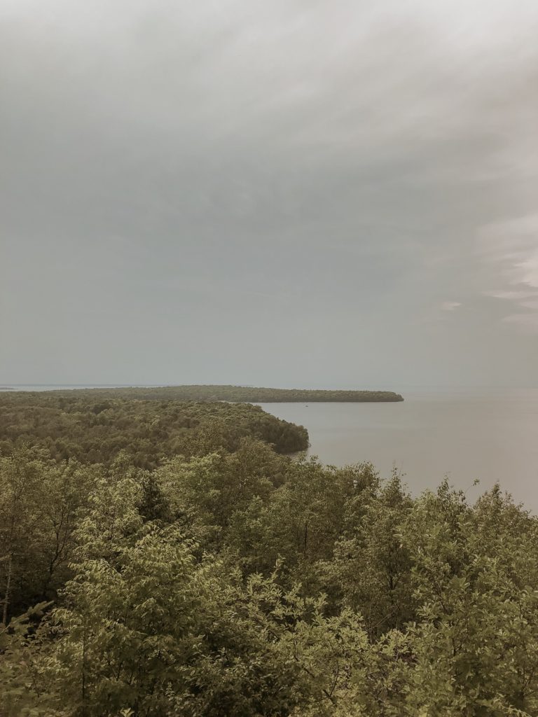 view of the harbor from a lookout in peninsula state park in door county