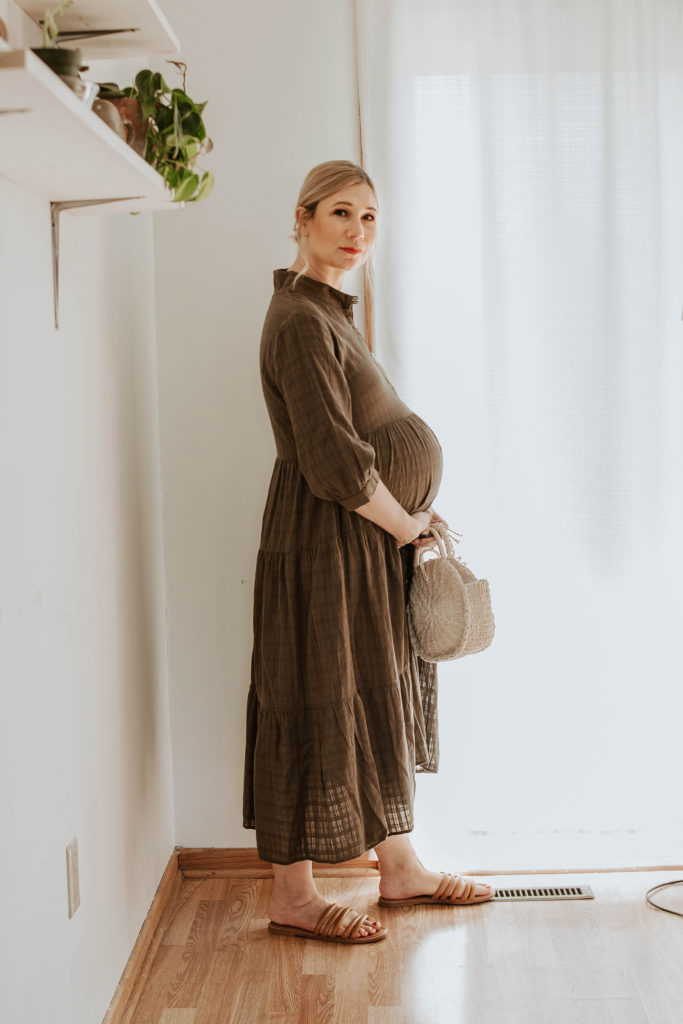 pregnancy style, brown dress, maxi dress