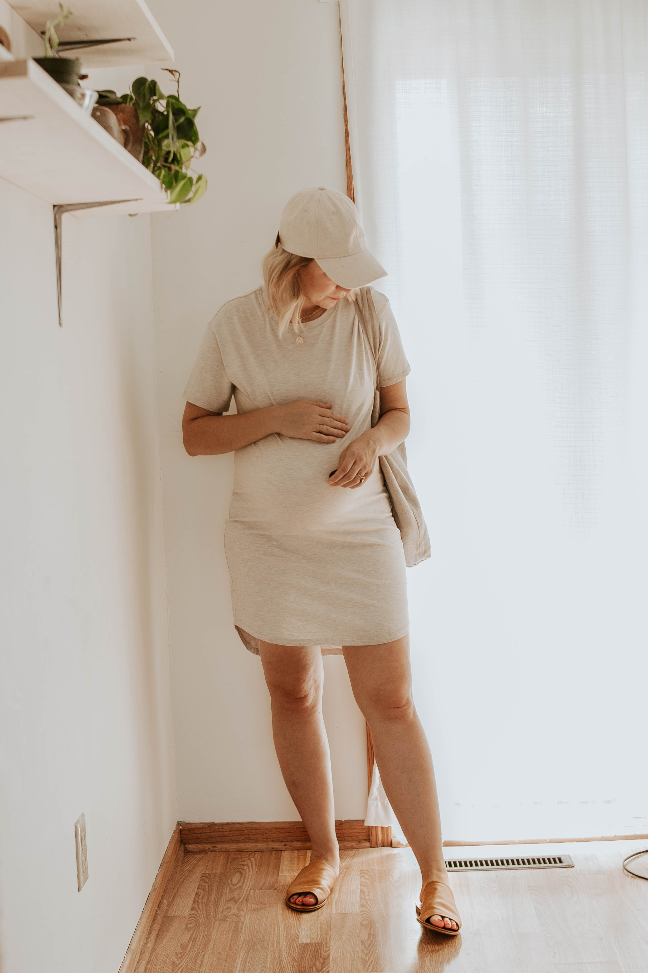 tee dress, slide sandals, baseball hat