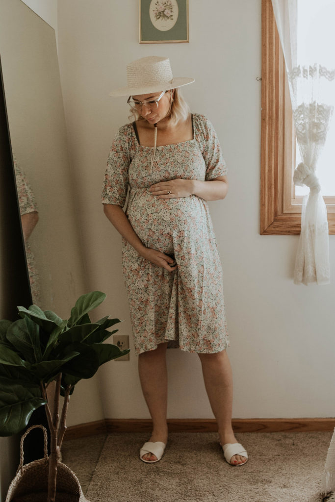 third trimester bump, floral maternity dress, pregnancy style, straw boater hat