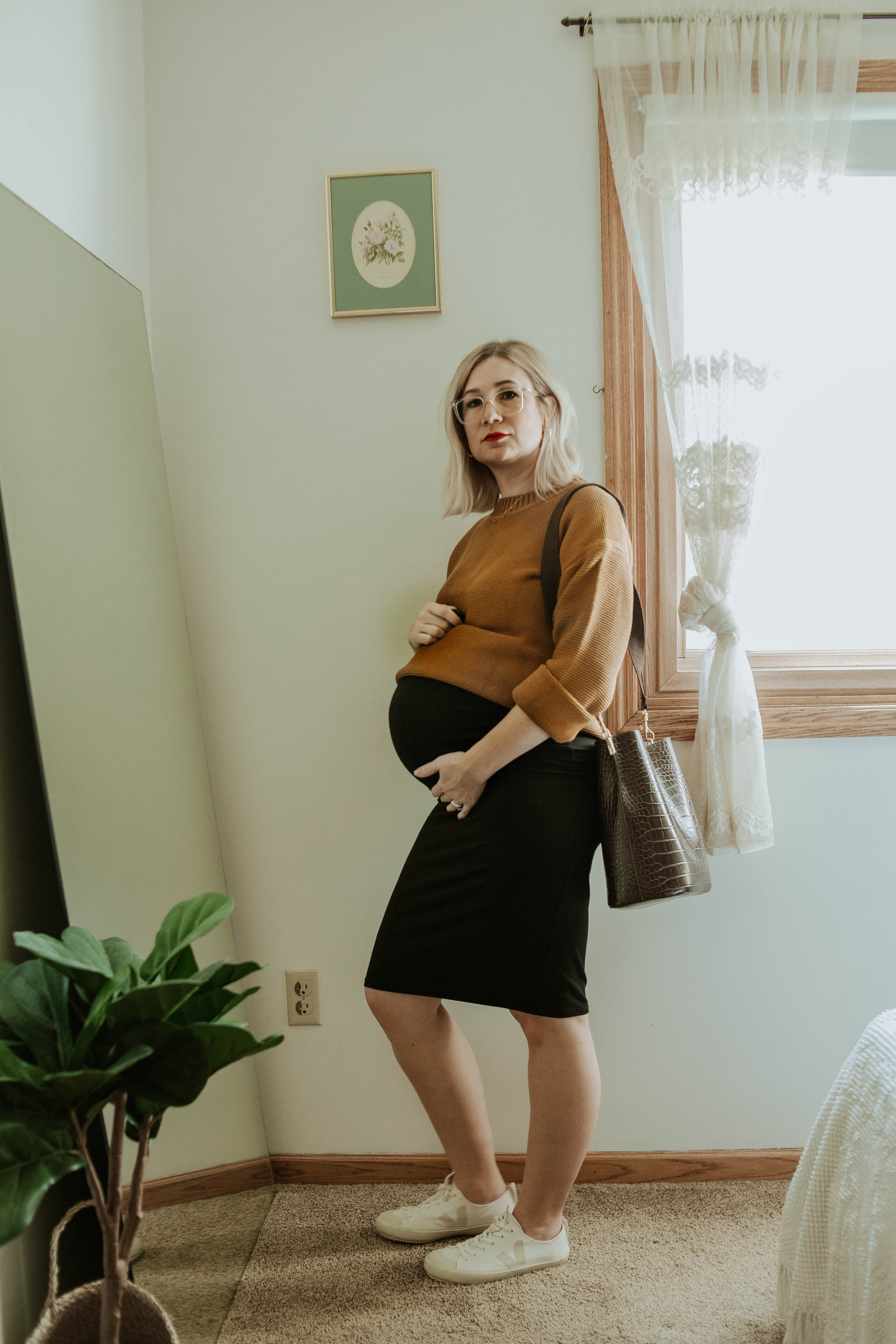 third trimester fall outfits, everlane link stitch crew sweater, storq dress, veja sneakers, crocodile purse