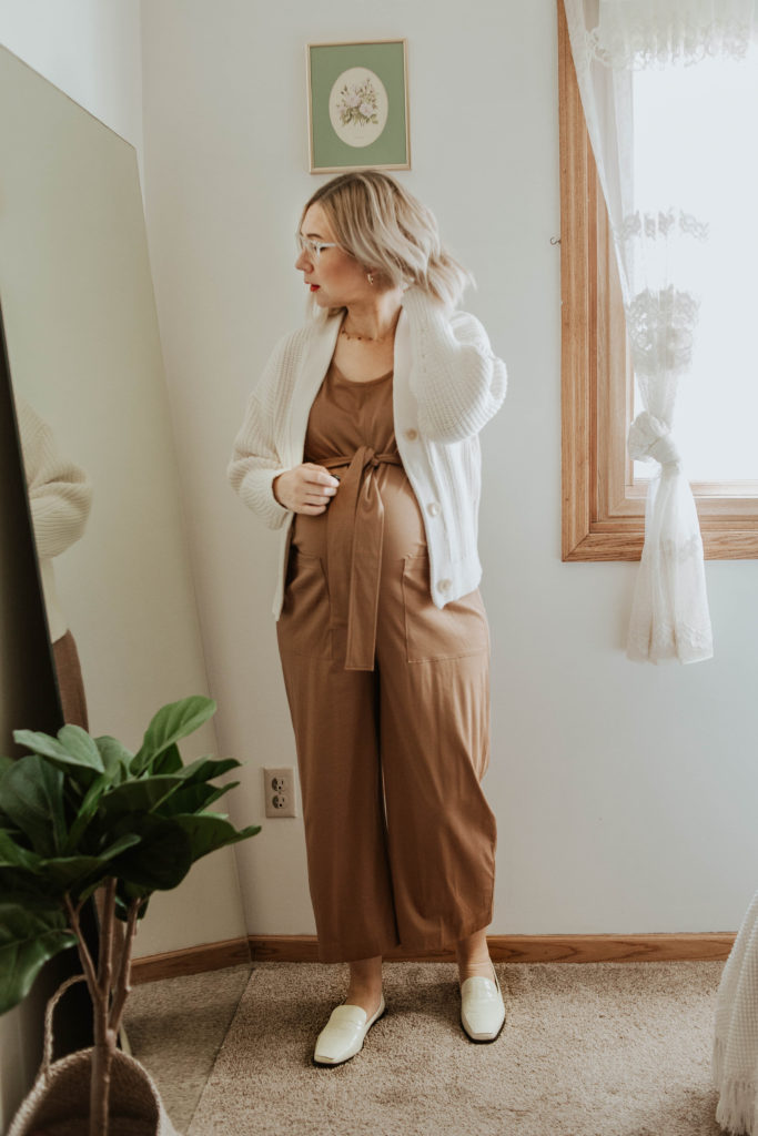 cream chunky cardigan, boxy cardigan, cropped cardigan, camel jumpsuit, cotton jumpsuit, white loafer, everlane review
