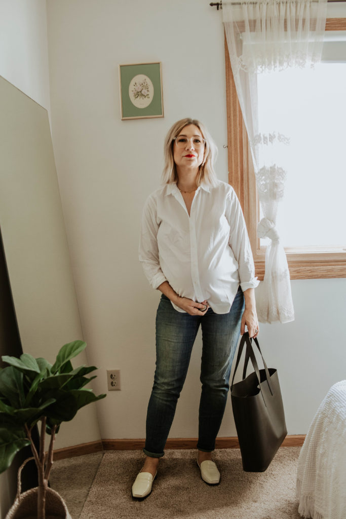 new shoes from everlane, everlane relaxed silky cotton button down, maternity jeans, everlane day tote, everlane 90's loafer