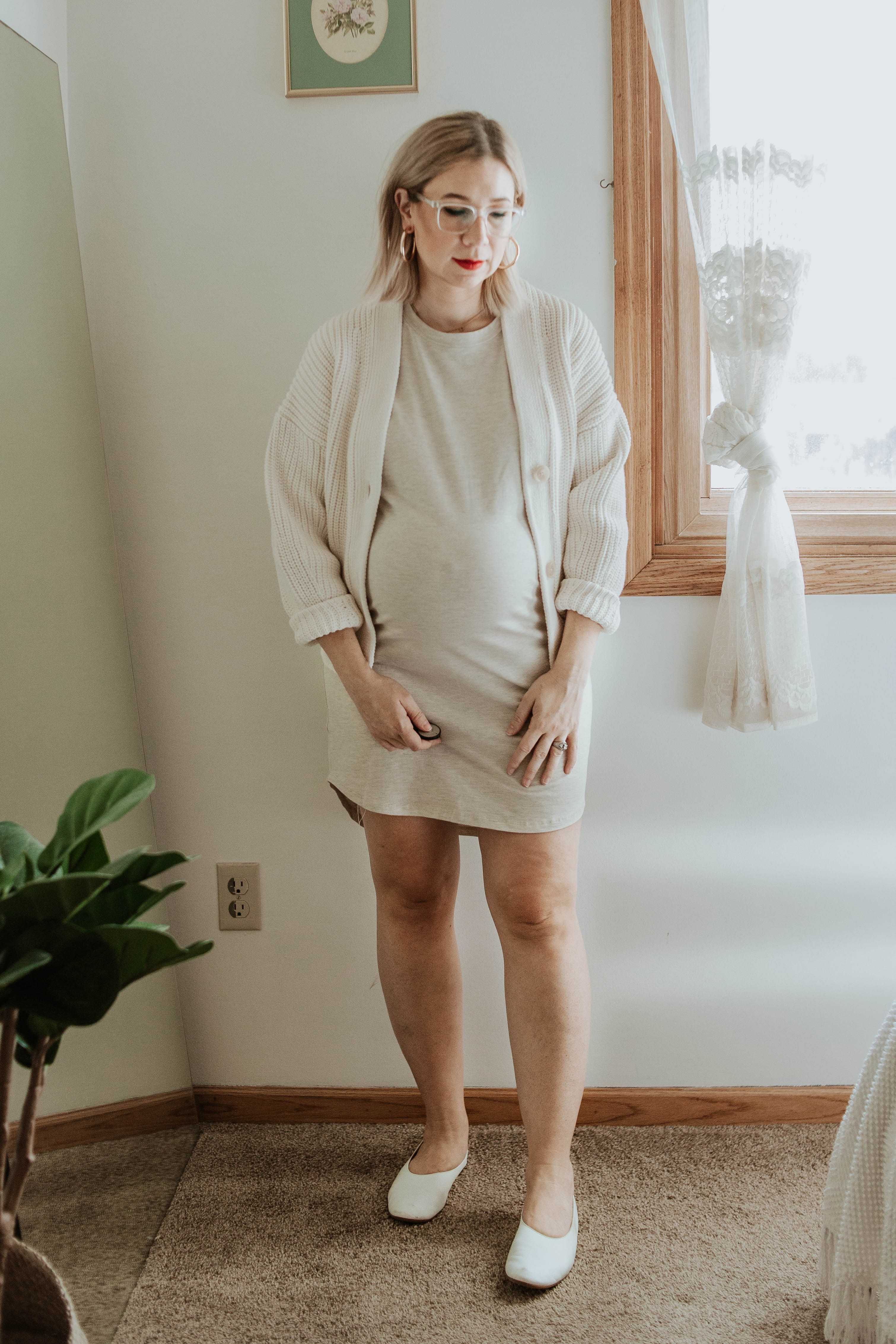 tradlands tee dress, everlane cropped cardigan, everlane day glove flats, third trimester style