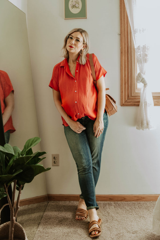 end of summer outfits, red everlane blouse, everlane japanese go weave blouse, maternity jeans, madewell brown sandals