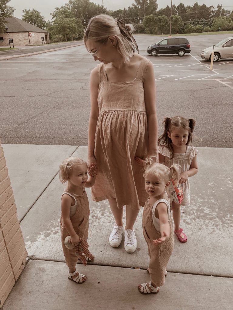Blush Colored Linen, Blush Dress, Dusty Rose linen, Dusty Rose Dress, Veja Sneakers, Veja Canvas Sneakers, Mother Daughter Outfits, Mother of Twins