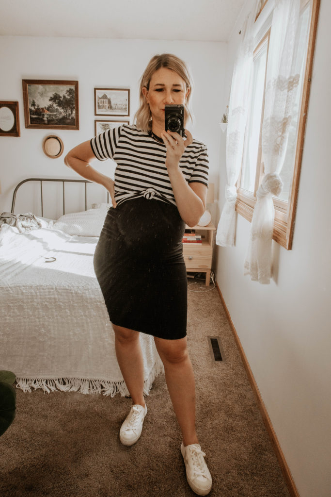 black and white striped tee, pregnancy style, maternity skirt