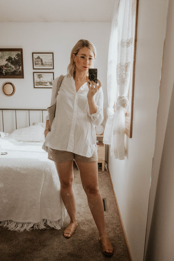 dressing for comfort, white button down and shorts, khaki linen shorts, brown sandals, maternity button down