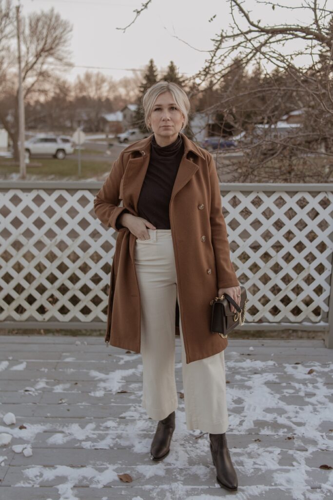 Recreating Outfits from Pinterest: camel trench coat: black turtleneck, white pants, black cowboy boots