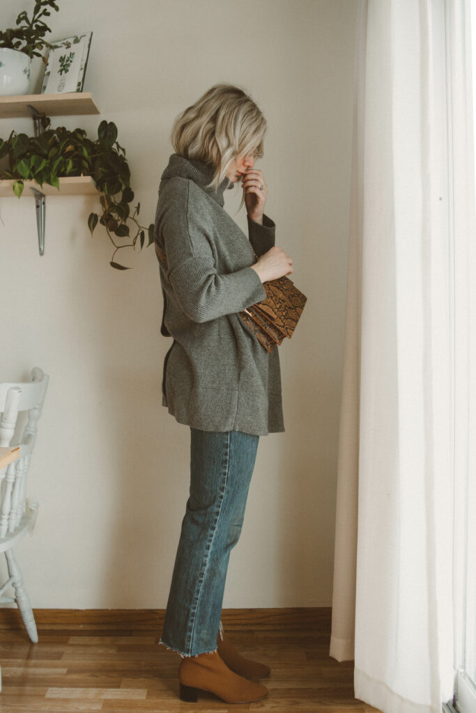 winter dressing, VETTA sweater, snakeskin handbag, vintage levi 501's, sock boots, everlane