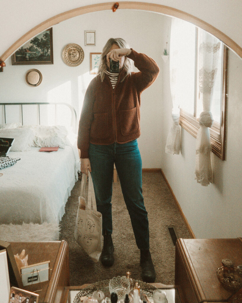 Weekend Outfit Roundup Vol. 1, Striped Turtleneck, Madewell Fleece, J Brand Denim, Blundstone Boots