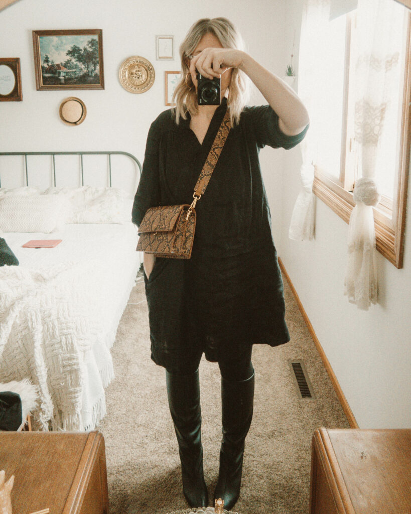 Weekend Outfit Roundup Vol. 1, Snake Print Bag, Sugar Candy Mountain Black Linen Dress, Everlane Knee High Boots