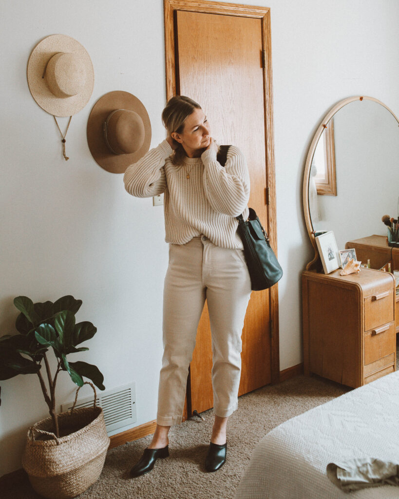 So here's what I actually wore this week, j. crew cotton sweater, everlane wide leg crop pant, everlane day mule review, fount bag