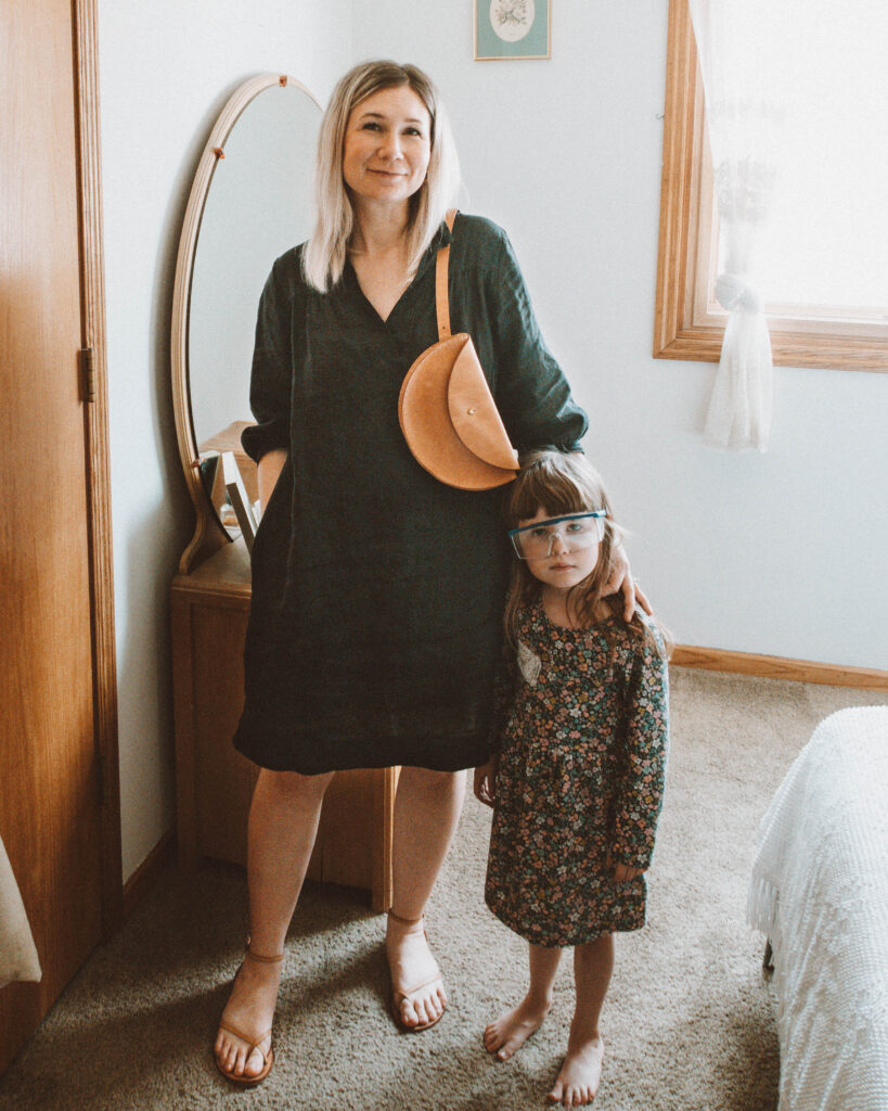 Easy Spring Outfits for Working at Home, sugar candy mountain sabine dress, black linen dress, strappy nude sandals, leather fanny pack, hip bag, bum bag