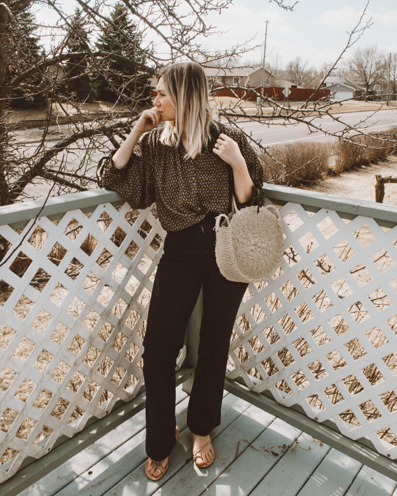 Easy Spring Outfits for Working at Home, doen rose blouse, everlane modern flare denim, circle straw bag, strappy nude sandals