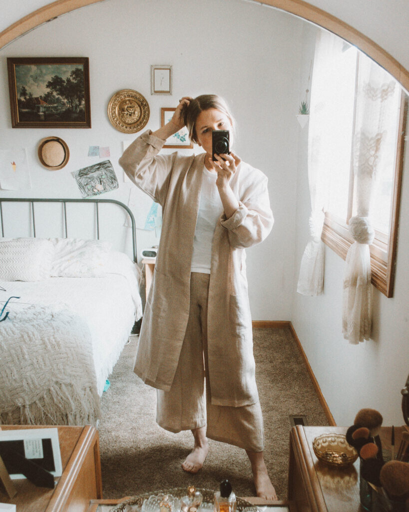 4 Lounge Wear Outfits that Will Keep you Feeling Cozy, linen robe, linen wide leg pants, everlane cut out tank