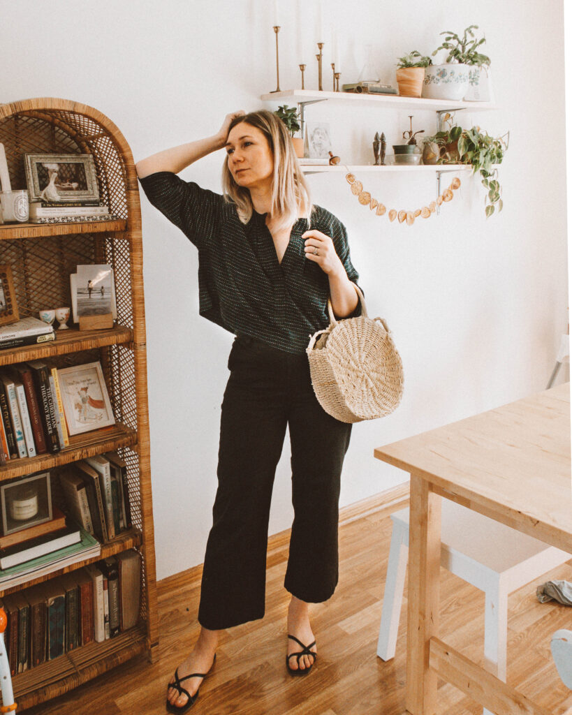 Easy Spring Outfits for Working at Home, navy blue cropped blouse, black wide leg pants, black strappy sandals, round circle straw bag