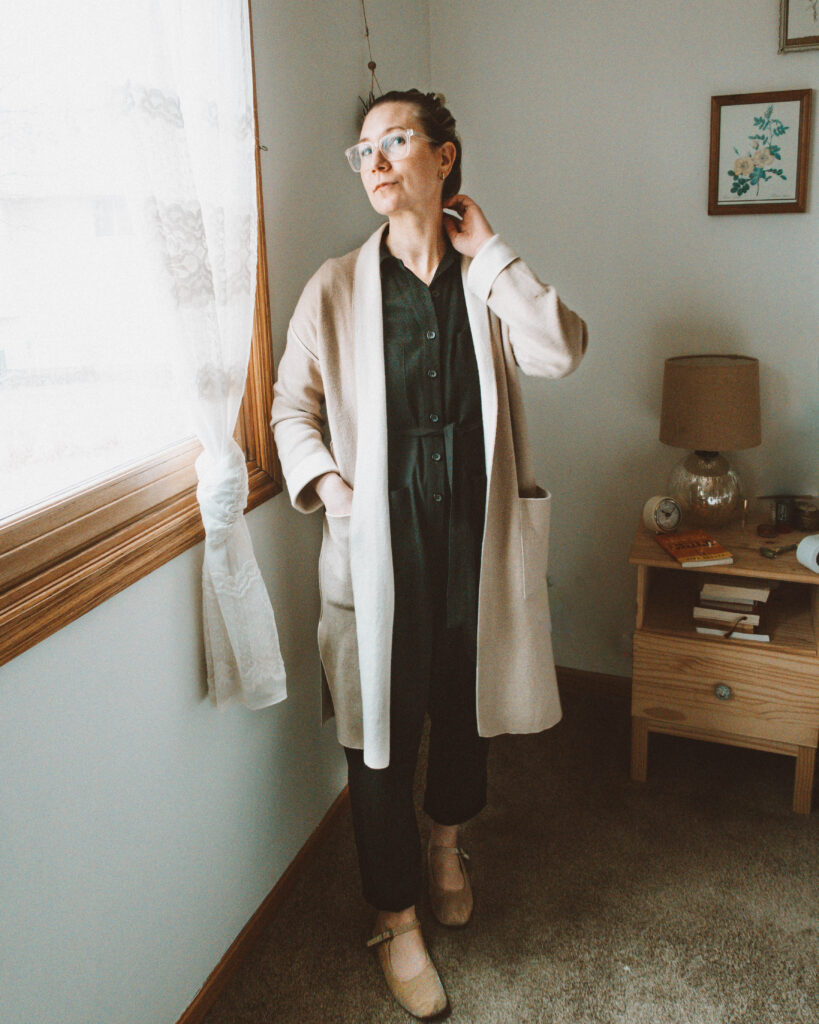 Easy Spring Outfits for Working at Home Tradlands Finn Jumpsuit Michael Stars Sweater Coat Mary Jane Flats
