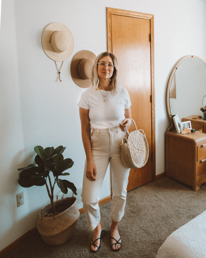 Easy Spring Outfits for Working at Home, michael stars white tee, everlane straight leg crop, everlane black strappy sandals, straw circle bag, antique circle mirror vanity