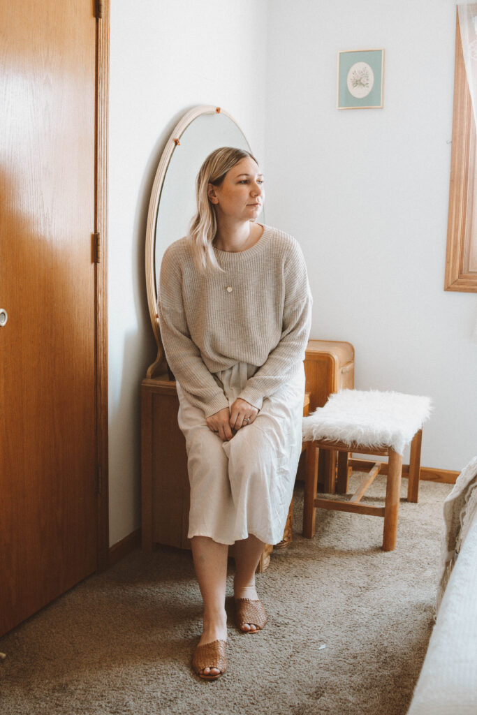 Spring Outfits: Lots of Linen and Flowy Fabrics, it is well l.a. crewneck sweater, cupro skirt, either/or nyc woven sandal slides