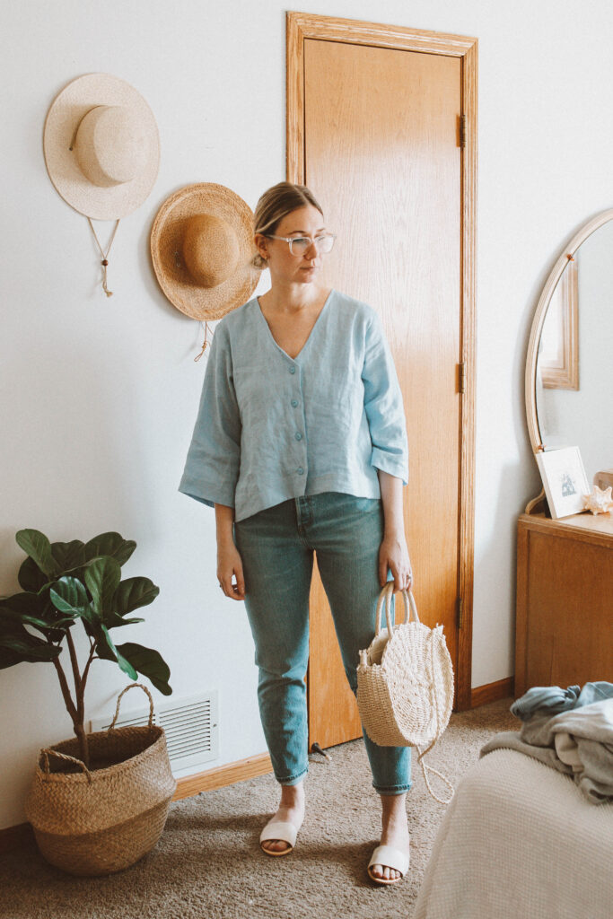 5 Spring Outfits: Lots of Linen and Flowy Fabrics man in the studio linen blouse, pale blue linen blouse, levi straight leg jeans, nisolo isla slide bone
