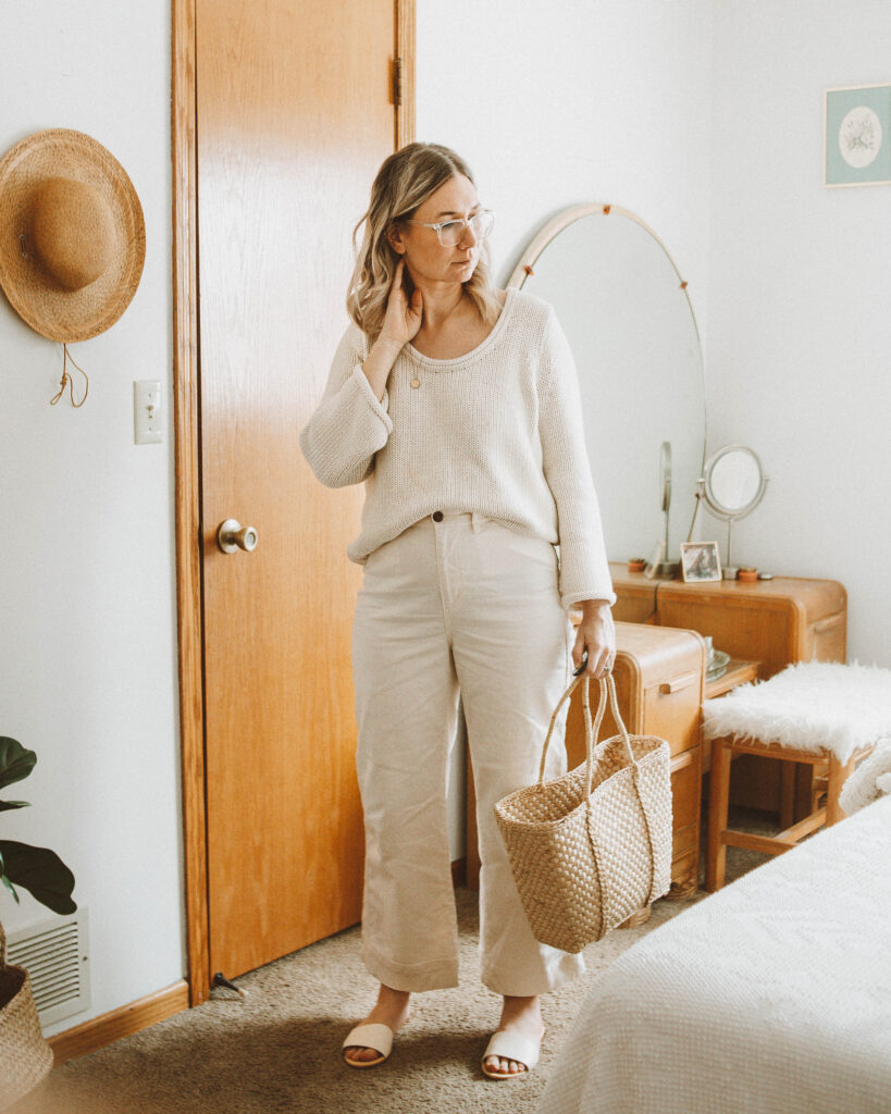 Spring Outfits Ideas, scoopneck sweater, ivory wide leg pants, vintage basket bag, nisolo isla slides