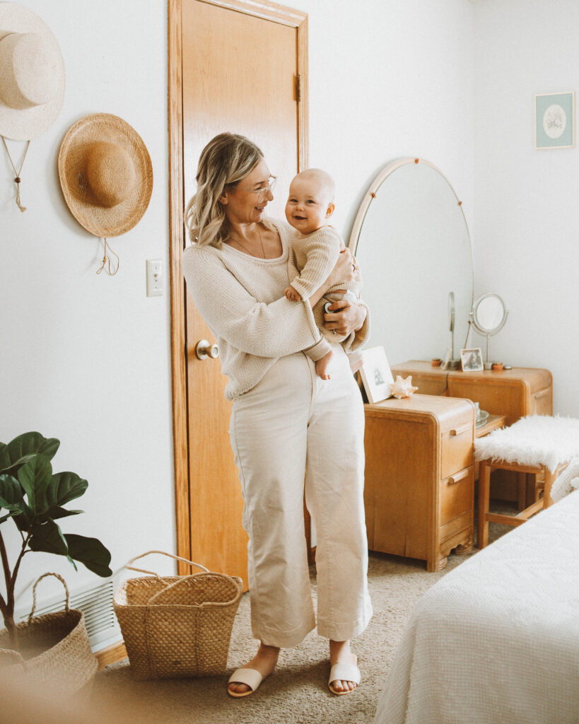 Spring Outfits Ideas, scoopneck sweater, ivory wide leg pants, vintage basket bag, nisolo isla slides