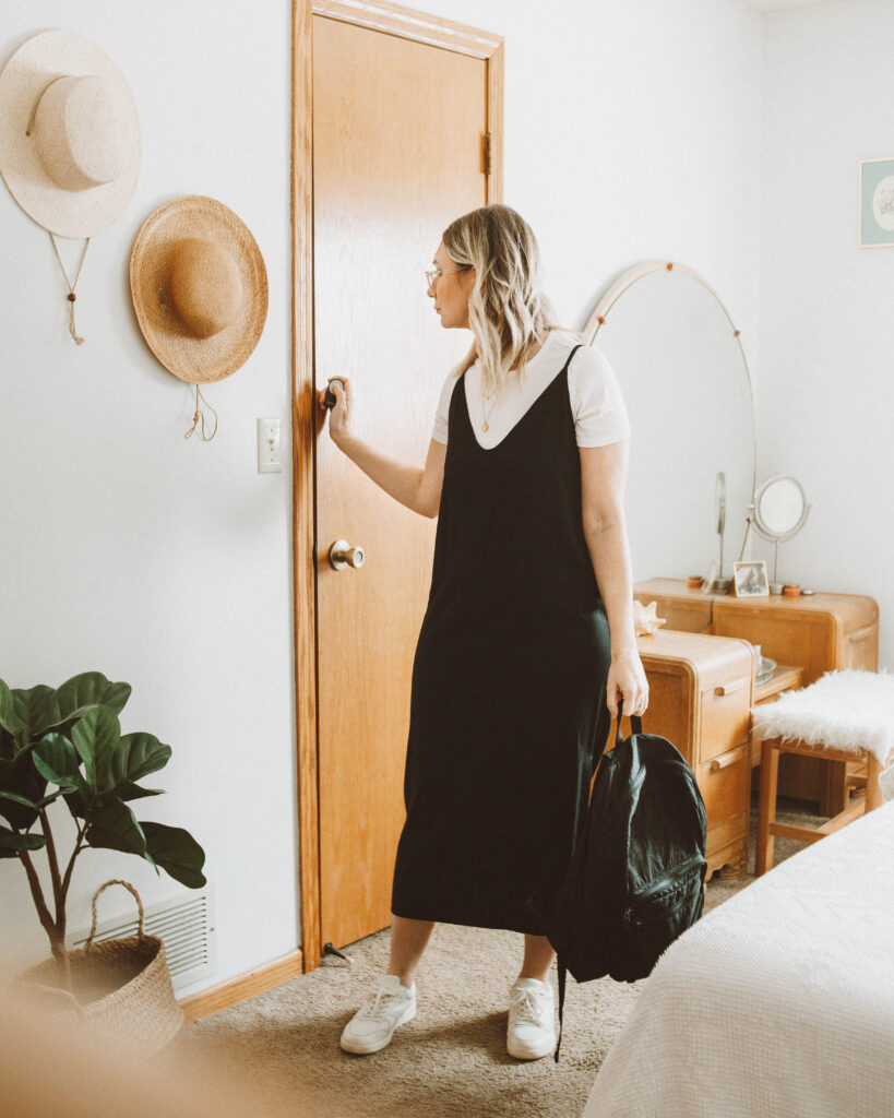 spring outfit ideas, everlane slip dress, everlane micro rib tee, everlane tread court sneakers, baggu backpack