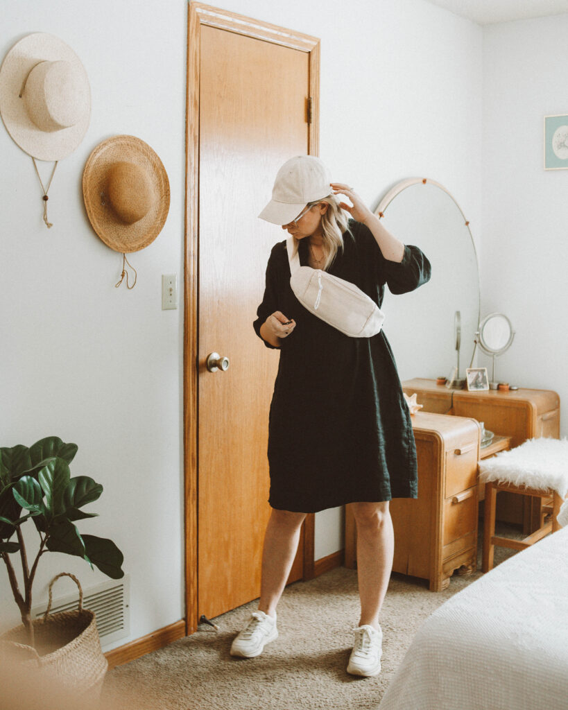 spring outfit ideas, sugar candy mountain sabine dress, canvas belt bag, beige baseball cap, everlane tread sneakers