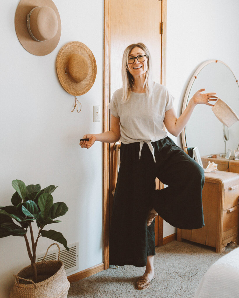 Linen Loungewear: 5 Outfit Ideas, linen culottes, nisolo huarache sandals, lack of color boater hat, only child luzon top