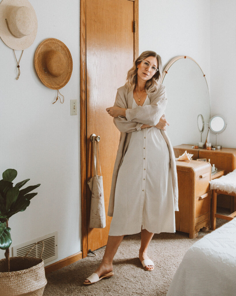 A Week of Outfits: Minimizing my Closet, lacausa natural silk dress, love and confuse beige linen duster, nisolo isla slide sandals