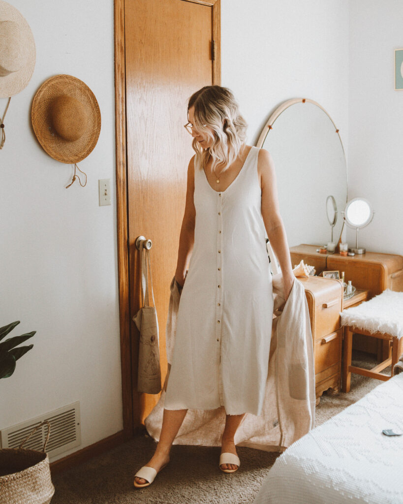 A Week of Outfits: Minimizing my Closet, lacausa natural silk dress, love and confuse beige linen duster, nisolo isla slide sandals