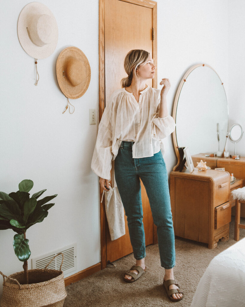 A Week of Outfits: Minimizing my Closet, christy dawn blouse, everlane 90's cheeky jeans, birkenstock arizona taupe suede