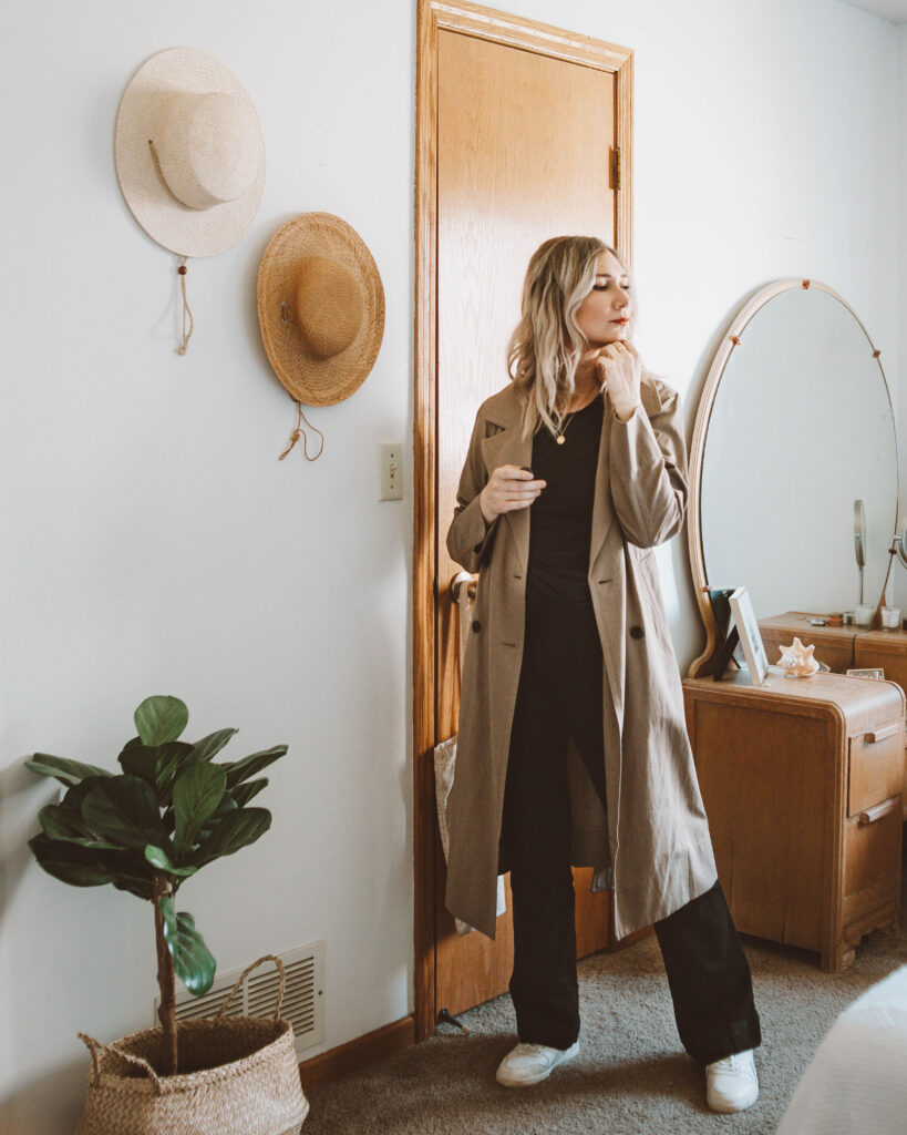 Styling a Basic Tee: 10 Different Outfit Ideas, black everlane microrib tee, drapey trench coat