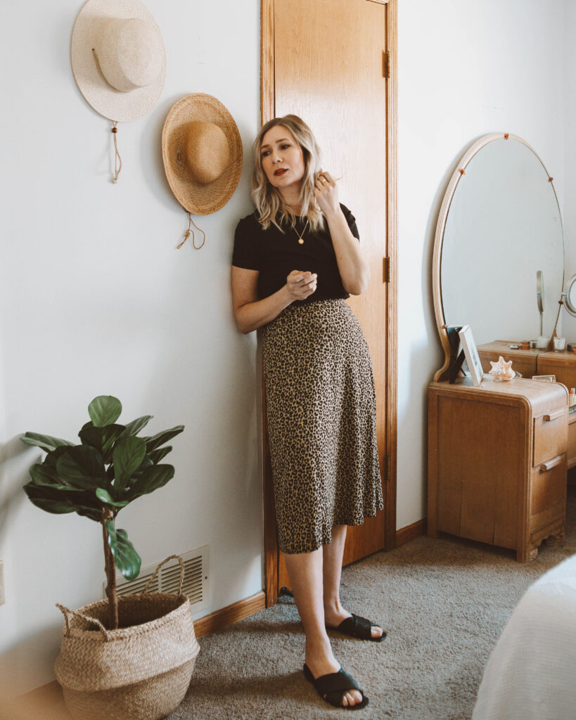Styling a Basic Tee: 10 Different Outfit Ideas, tee and skirt, leopard print skirt, slip skirt