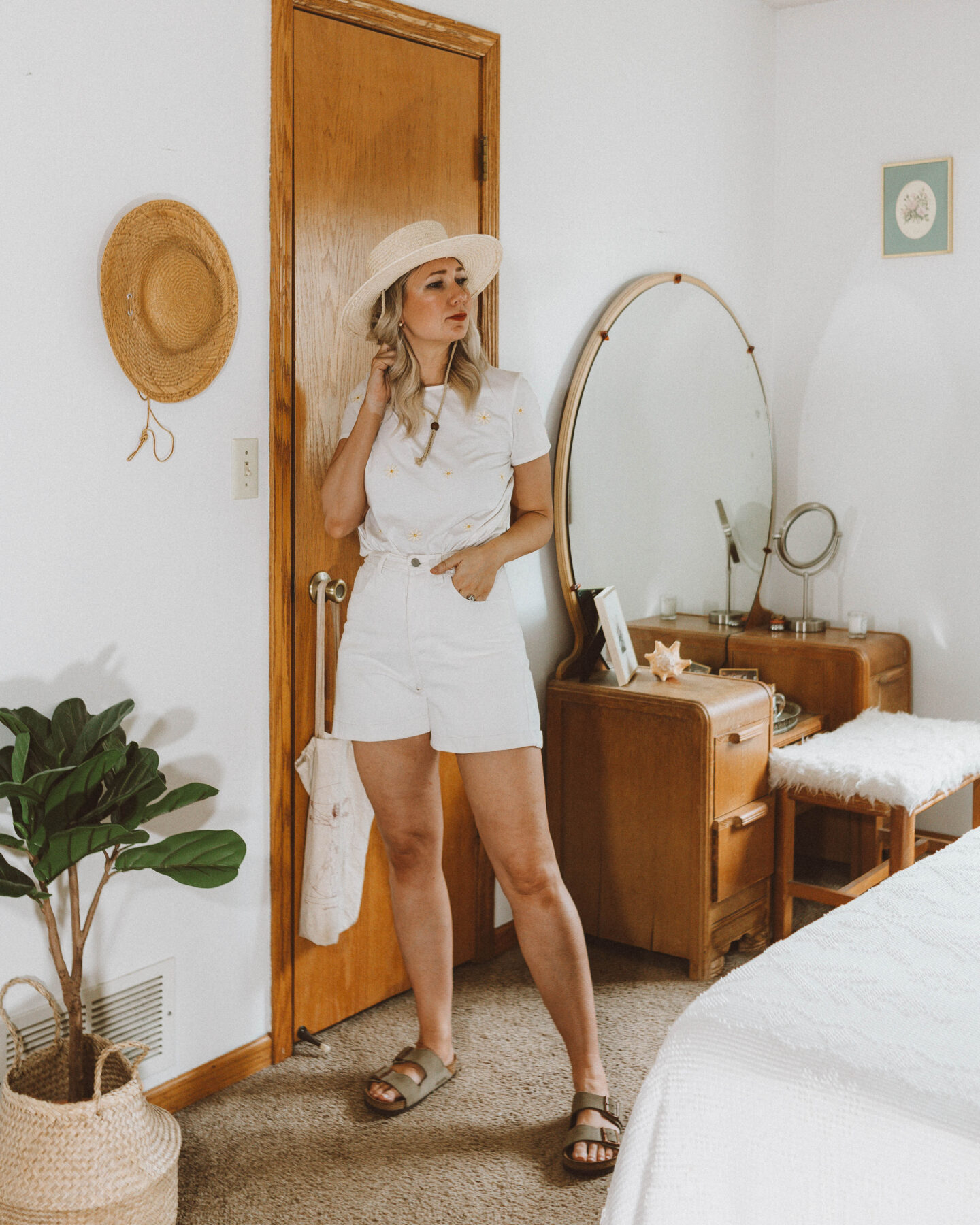 A Week of Summer Outfit Ideas, all white outfit, vintage denim shorts, lack of color hat, birkenstock arizona review, sezene tee review